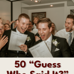 Joyful wedding game moment with friends, laughter, and elegant celebration.