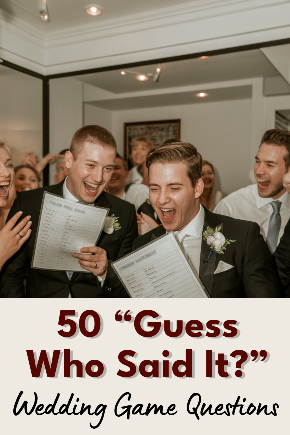 Joyful wedding game moment with friends, laughter, and elegant celebration.