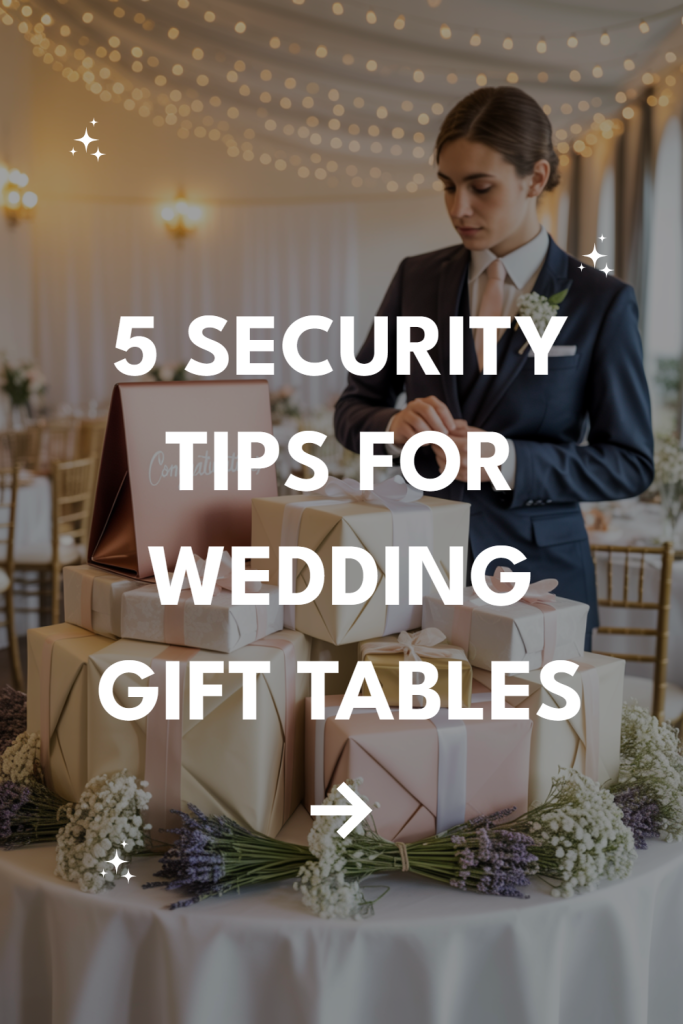 Elegant wedding gift table setup with pastel-wrapped presents, flowers, and warm ambient lighting.