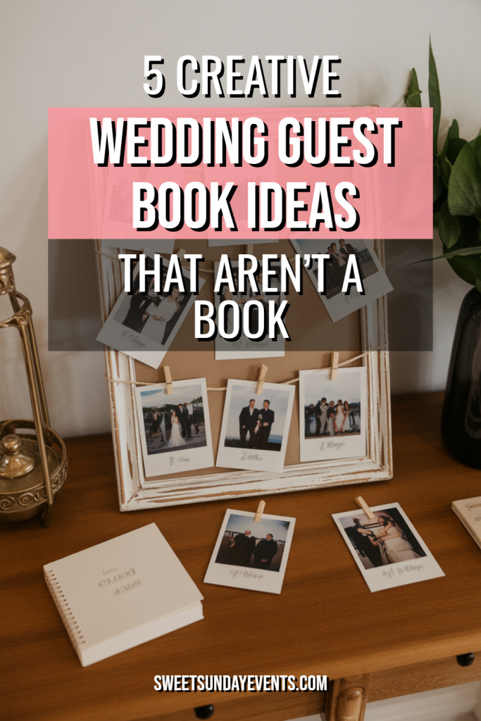 Wedding guest book display with photos and notes, creating lasting memories for guests.