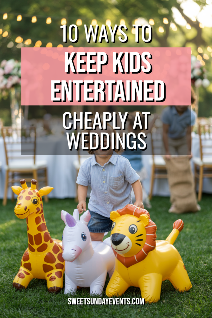 Playful wedding scene with kids entertained by inflatable toys amidst elegant decorations and joyful ambiance.