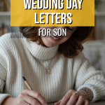 Mother writing heartfelt wedding letter for son at cozy wooden table.