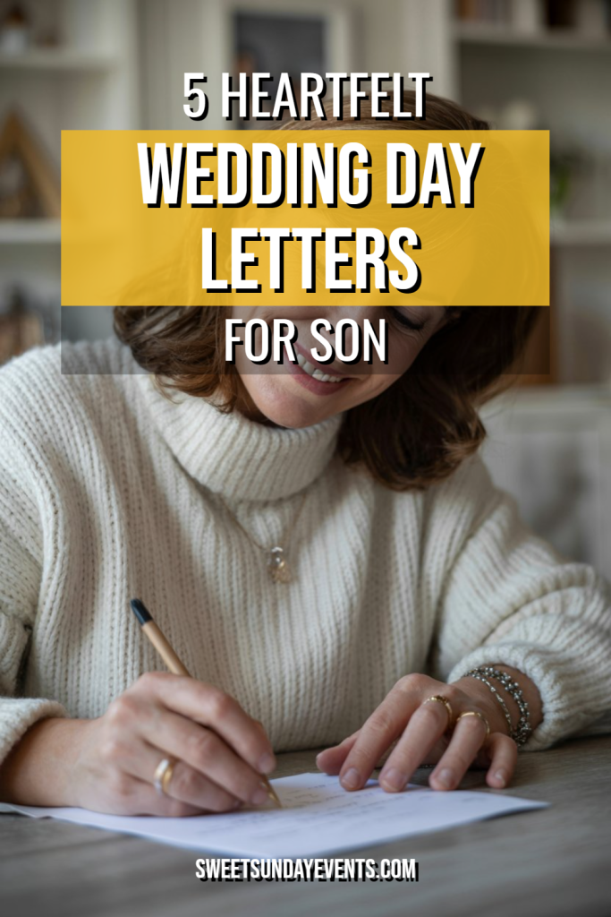 Mother writing heartfelt wedding letter for son at cozy wooden table.