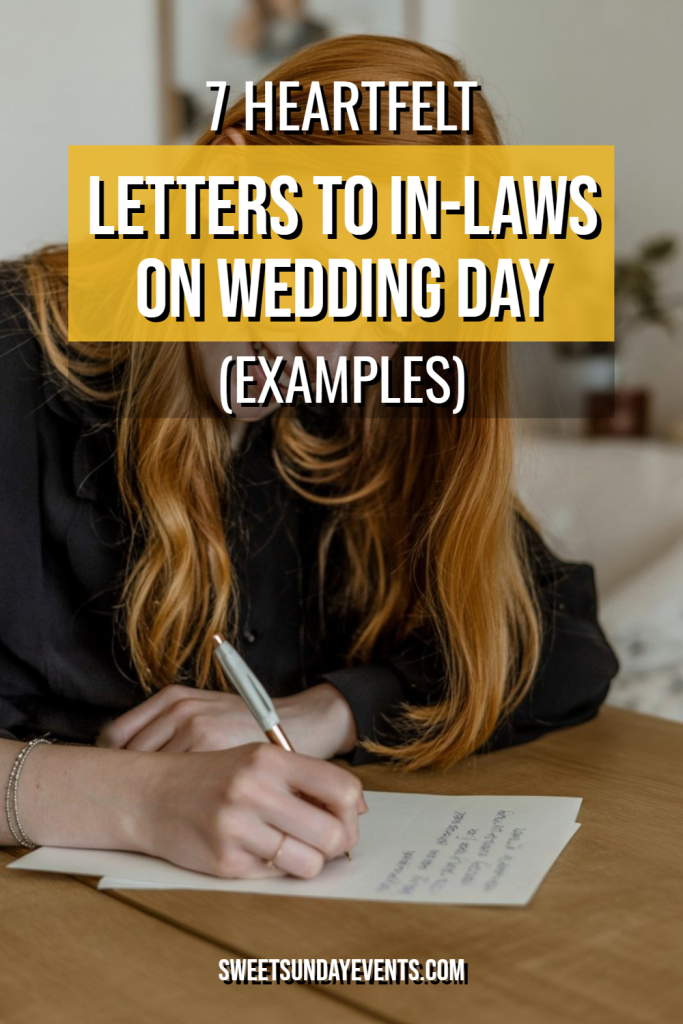 Bride writing heartfelt letter to in-laws in cozy wedding setting.