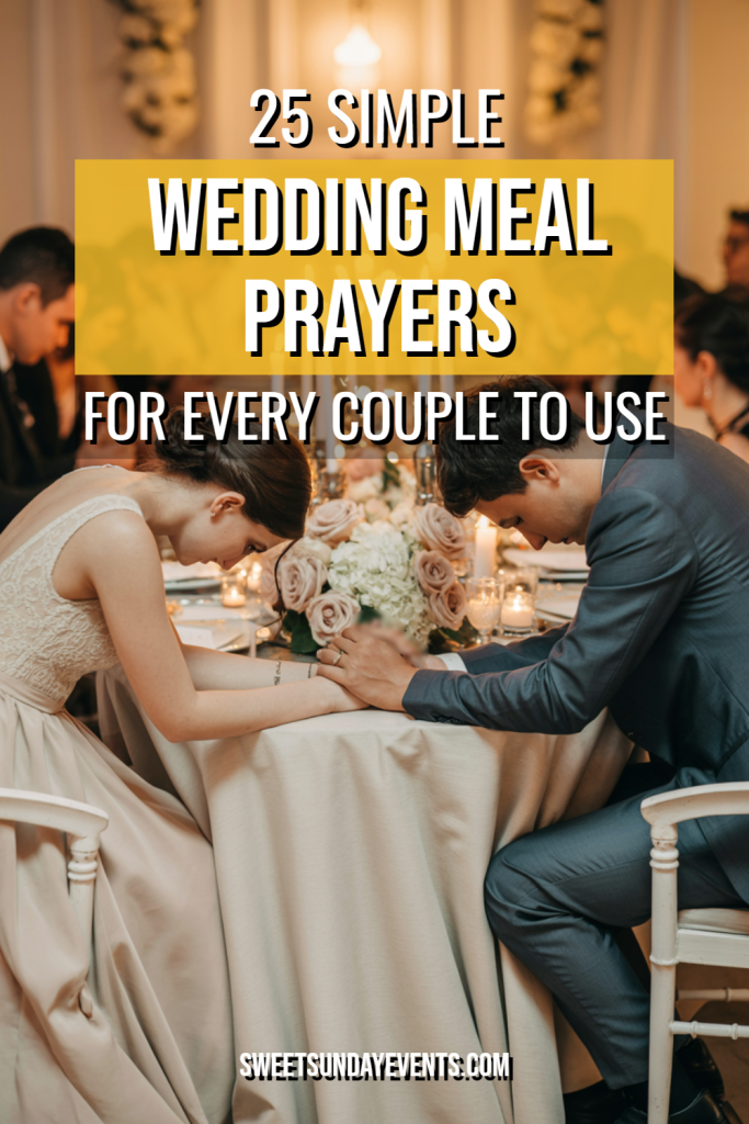 Couple engaged in prayer during elegant wedding meal, showcasing love and intimacy.