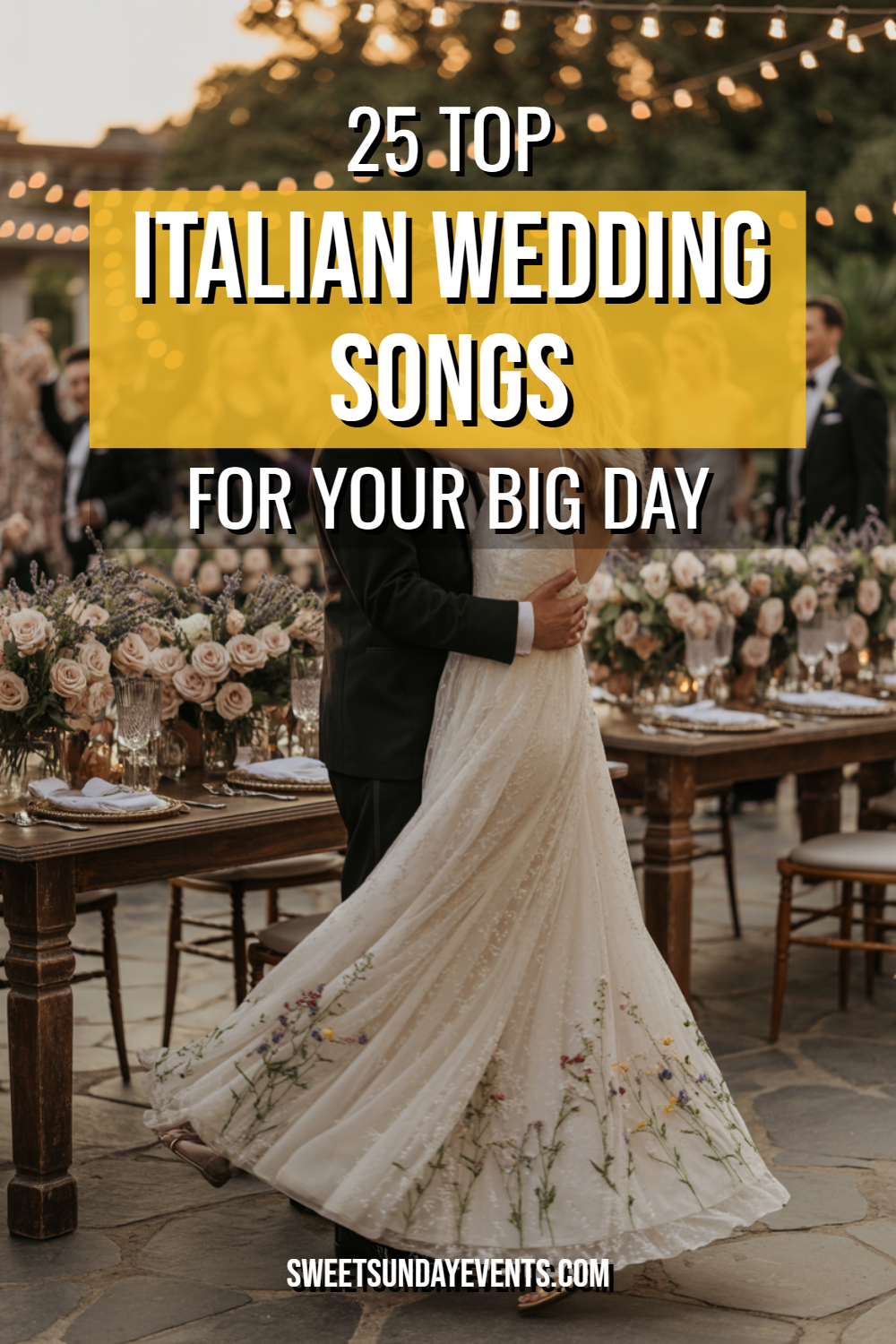 Romantic wedding moment with a joyful couple amidst elegant outdoor decor and lush greenery.