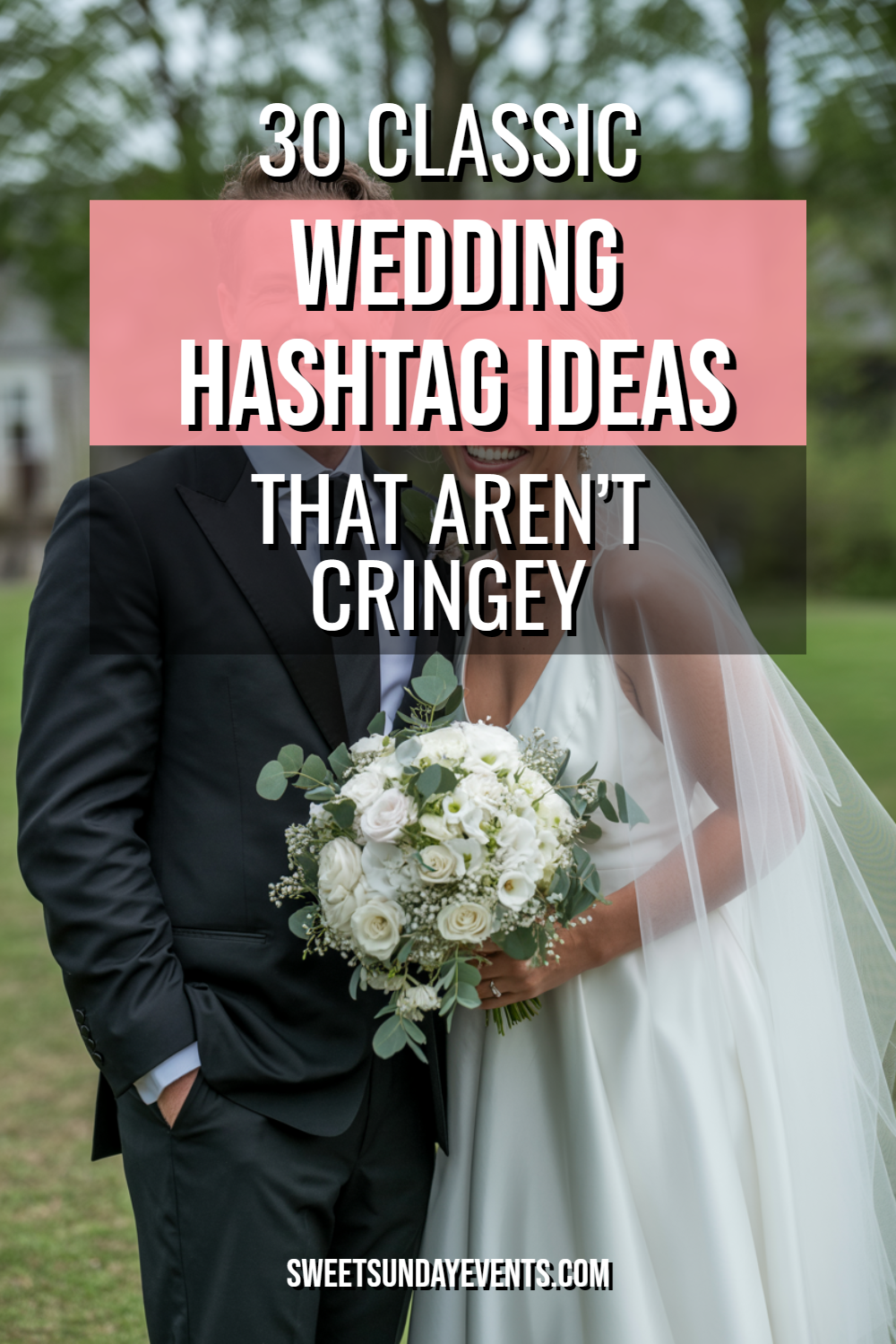 Couple in wedding attire joyfully embracing outdoors, featuring bouquet and elegant attire.