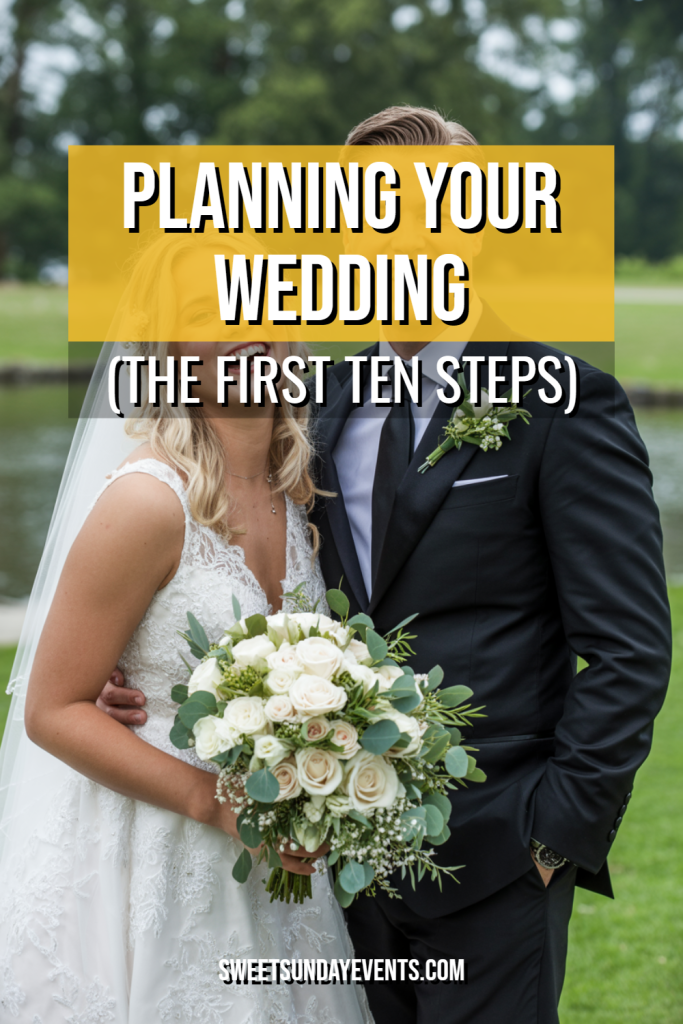 Romantic wedding moment with bride and groom in elegant attire surrounded by lush nature.