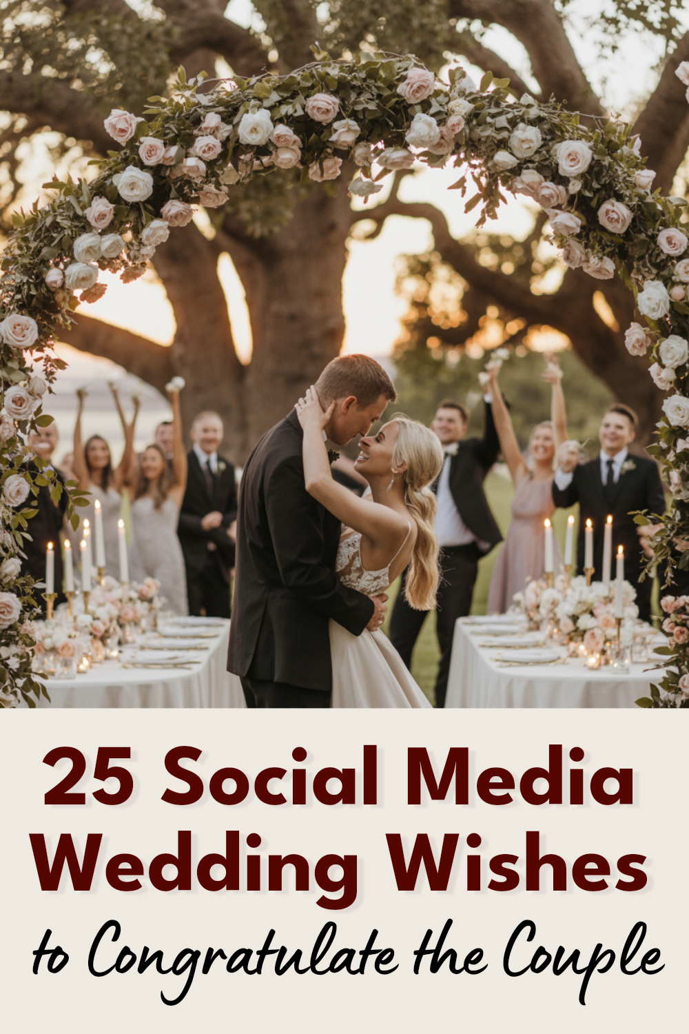 Elegant wedding celebration with joyful couple, floral arch, and loving friends and family.