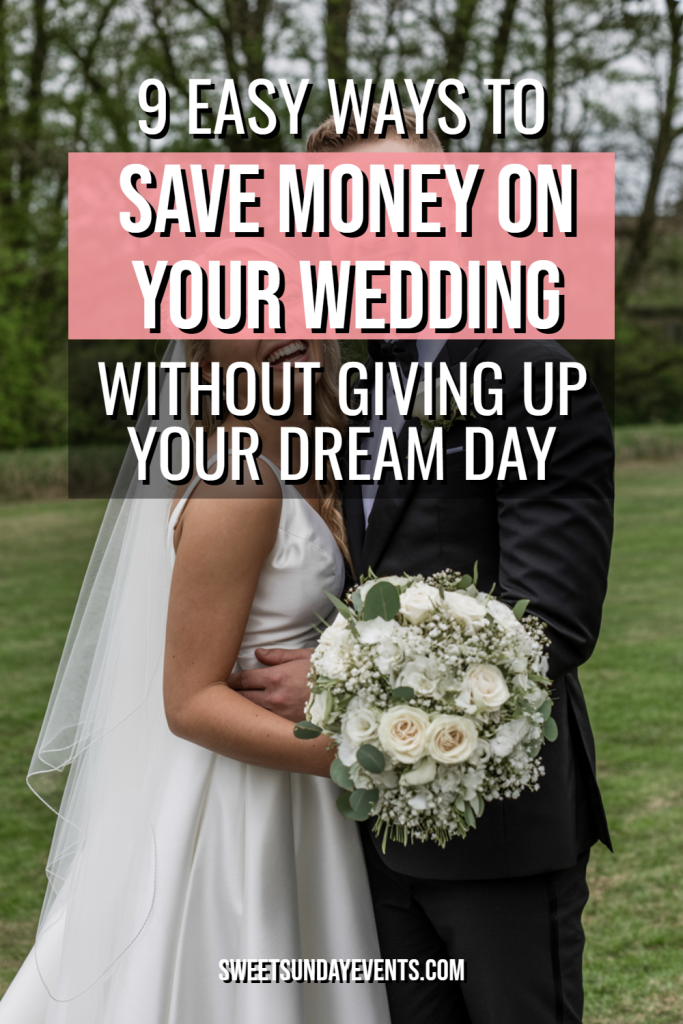 Elegant wedding couple against lush greenery, highlighting money-saving tips for a dream wedding.