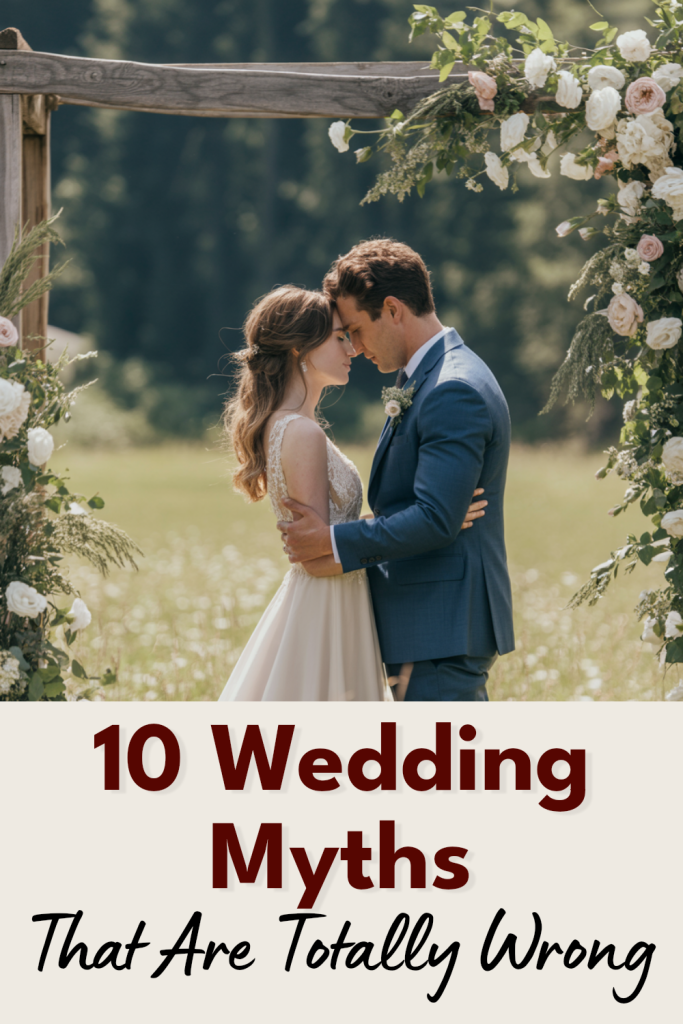 Romantic wedding couple under floral arch, exploring myth-busting wedding tips and advice.