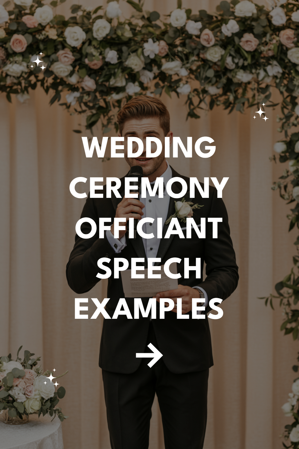 Wedding officiant delivering a heartfelt speech amid a beautiful floral backdrop.