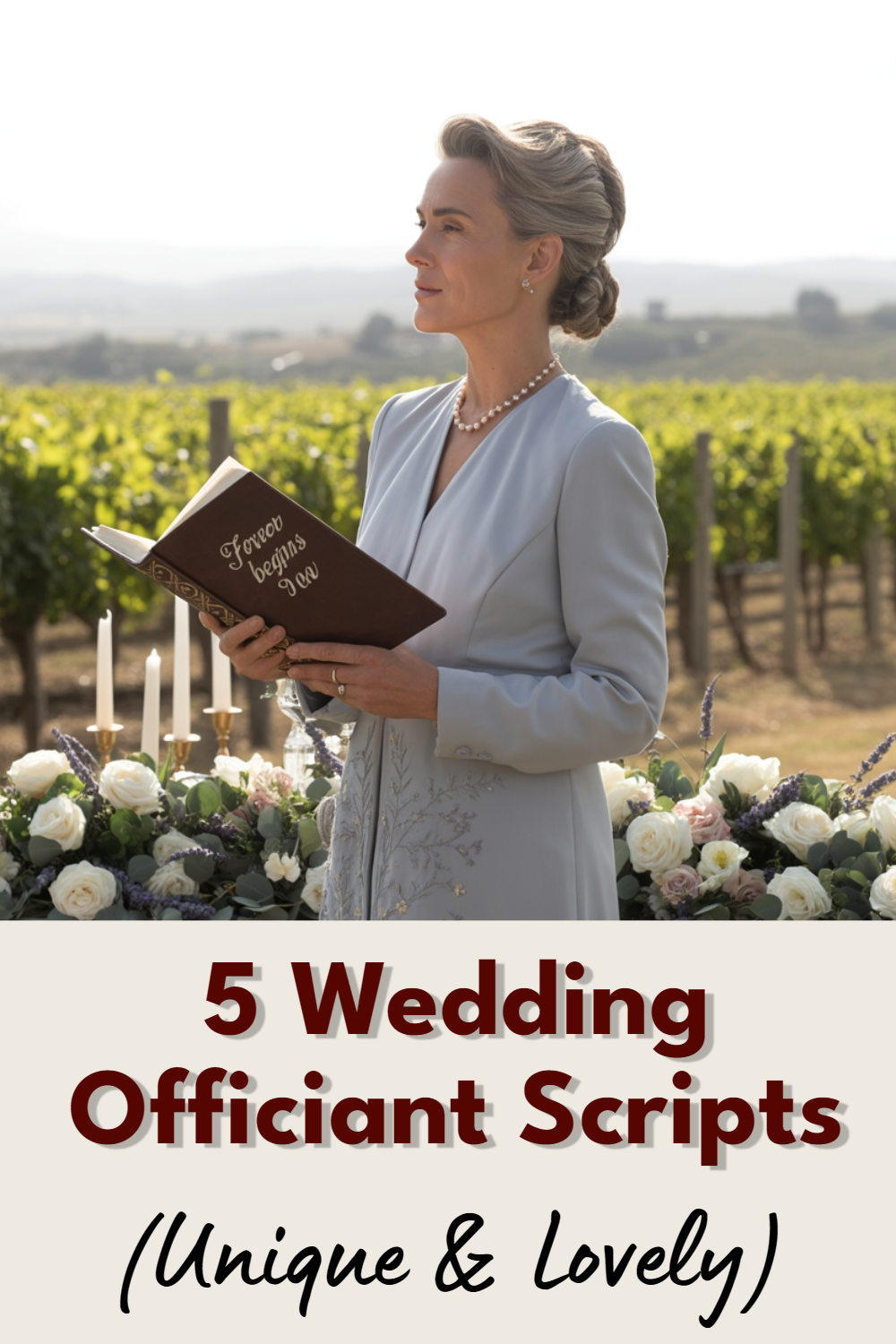 Elegant wedding officiant in a vineyard setting, surrounded by floral arrangements and soft candlelight.