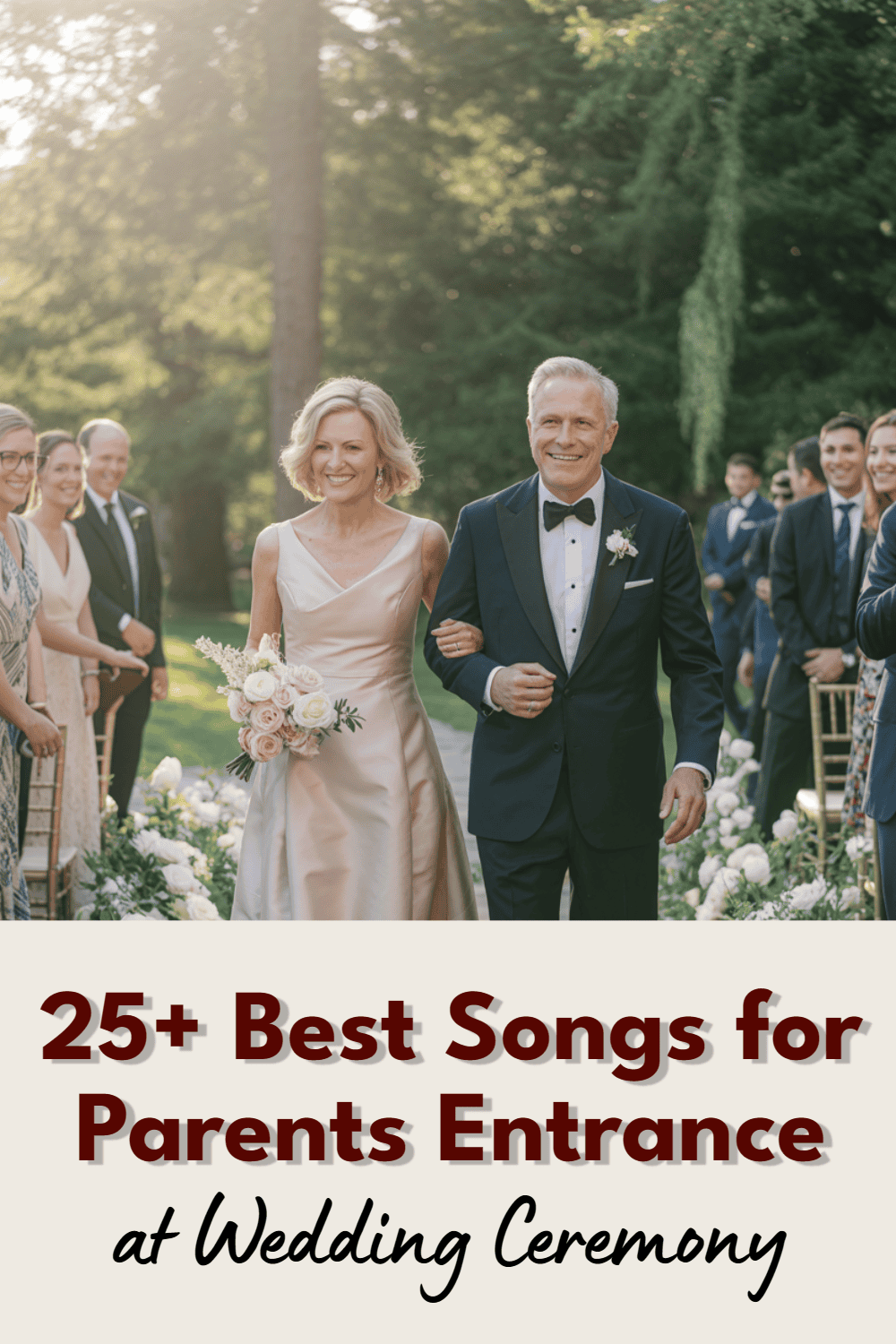 Elegant outdoor wedding with happy couple walking down the aisle surrounded by guests and flowers.