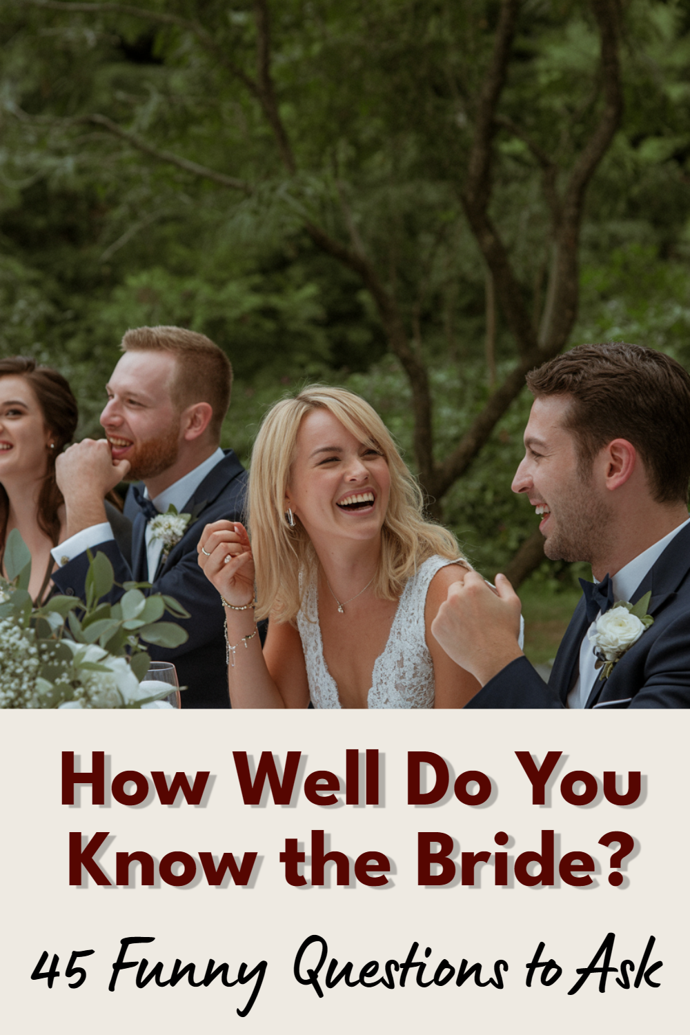 Joyful wedding celebration with friends, laughter, and games in a beautiful outdoor setting.