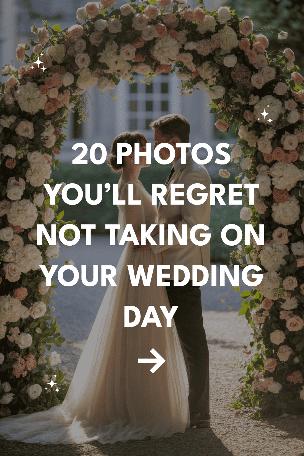 Romantic wedding couple under floral archway, highlighting essential photography moments for brides and grooms.