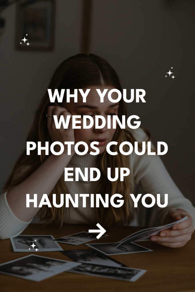 Contemplative woman reviews wedding photos, reflecting on memories and emotions at a wooden table.