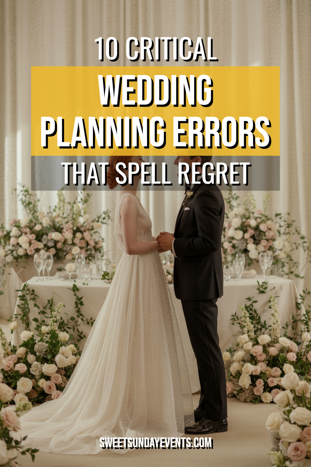 Couple exchanging vows at an elegant wedding, surrounded by beautiful floral decorations.