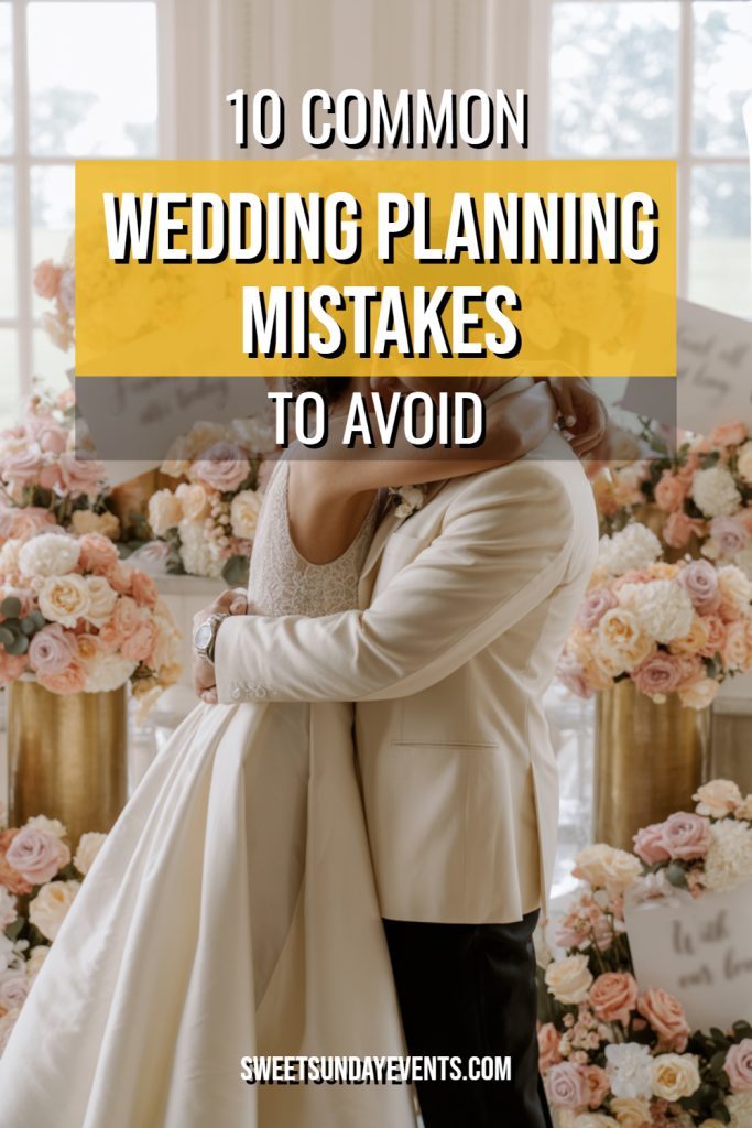Romantic wedding scene with couple, floral decor, and tips on planning mistakes to avoid.