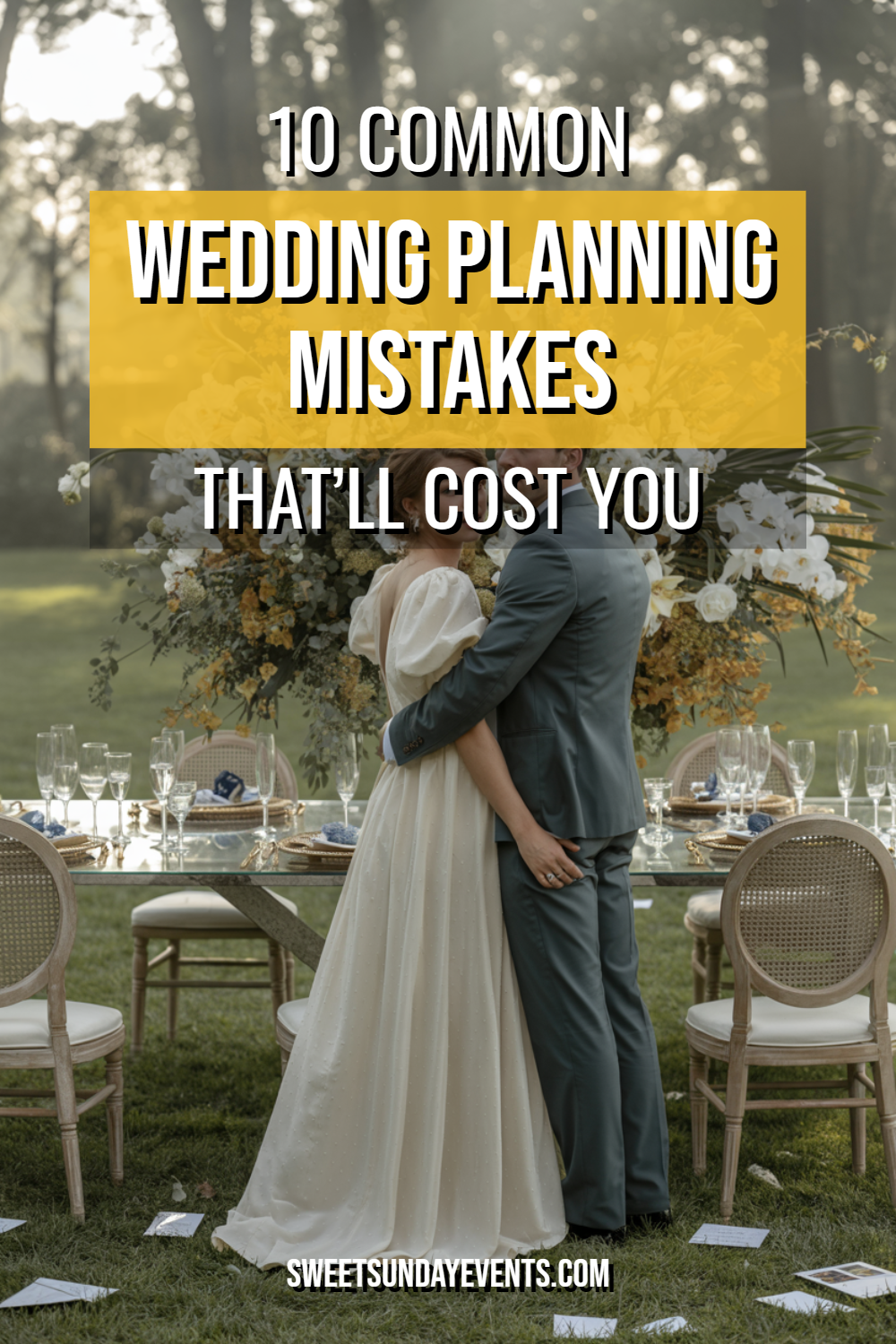 Couple at outdoor wedding embracing, showcasing romance and wedding planning tips in serene setting.