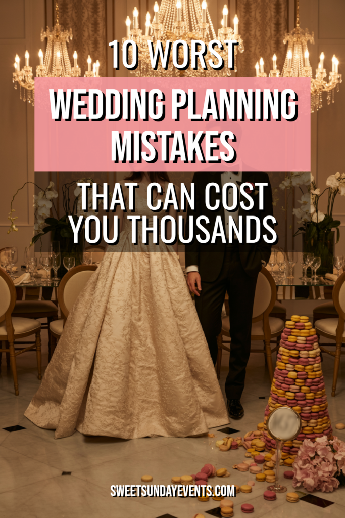 Elegant wedding couple in a luxurious venue, highlighting planning tips and common mistakes.