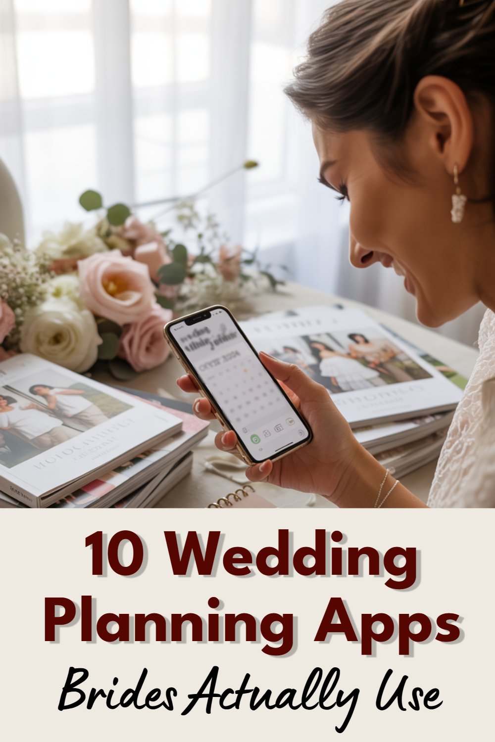 Elegant woman using wedding planning apps surrounded by floral inspirations and magazines.