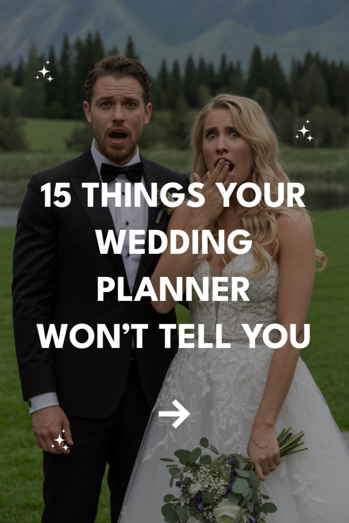 Couple in wedding attire reveals surprising wedding planning secrets in serene outdoor setting.