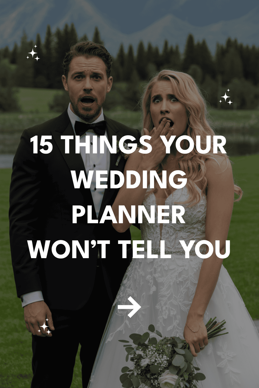 Couple in wedding attire reveals surprising wedding planning secrets in serene outdoor setting.