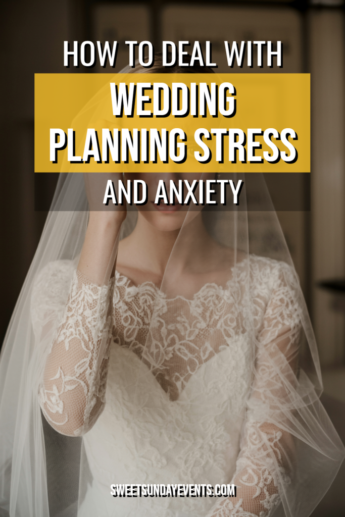 Serene bride in elegant gown, showcasing wedding planning stress relief tips.