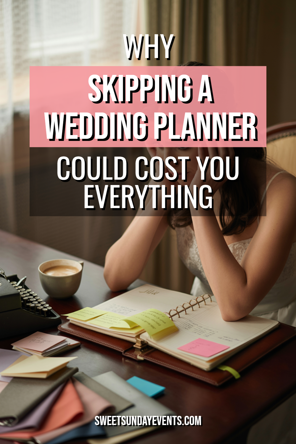 Woman overwhelmed by wedding planning at a cluttered desk with notes and typewriter.