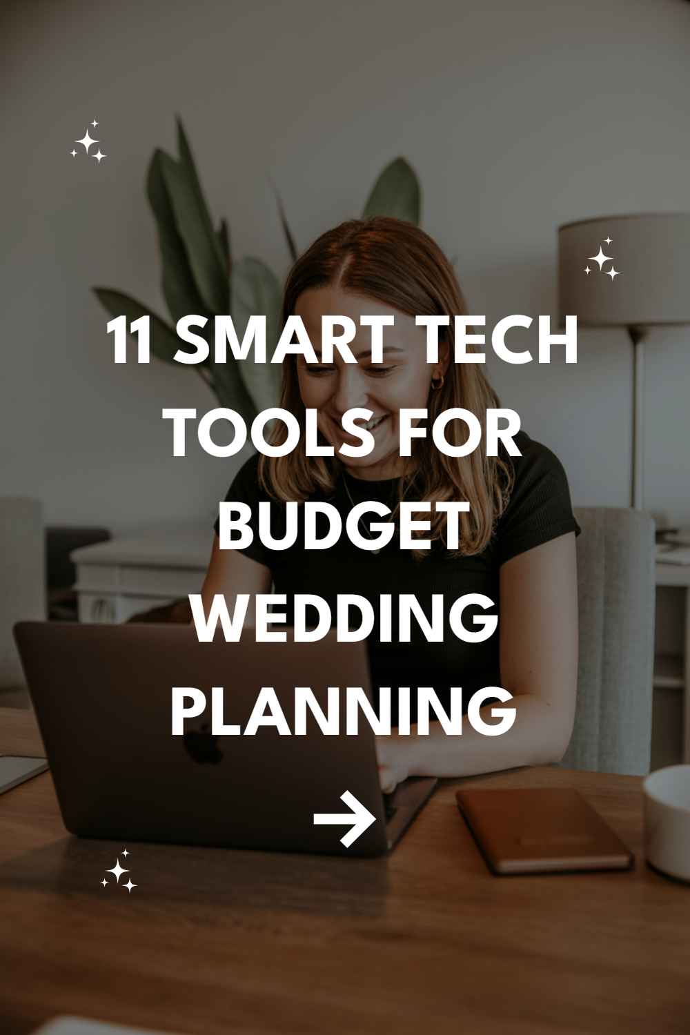Smart tech tools for budget wedding planning in a cozy workspace with a laptop and smartphone.