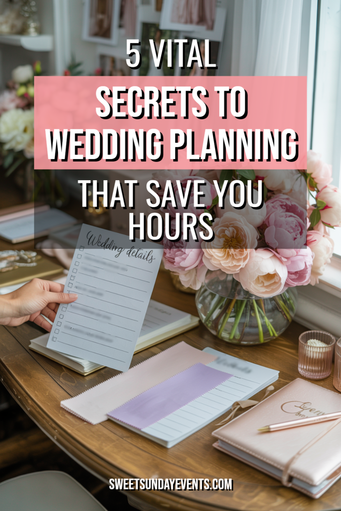 Elegant wedding planning workspace featuring checklists, color swatches, and beautiful floral arrangements.