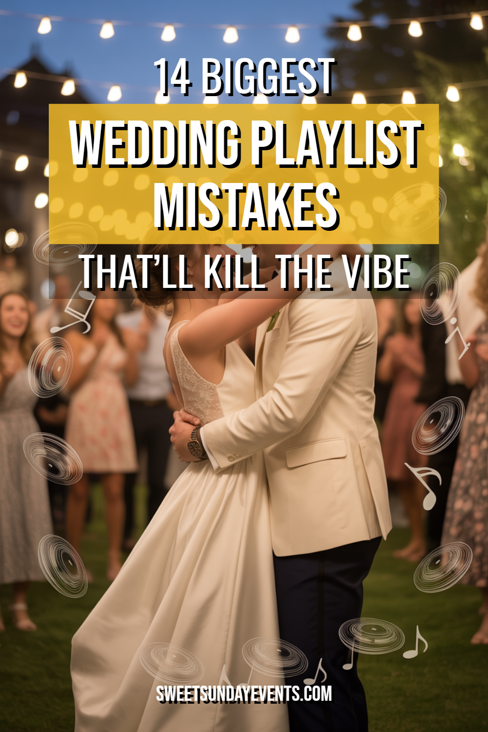Couple dancing at wedding, surrounded by guests, highlighting importance of perfect wedding playlist choices.
