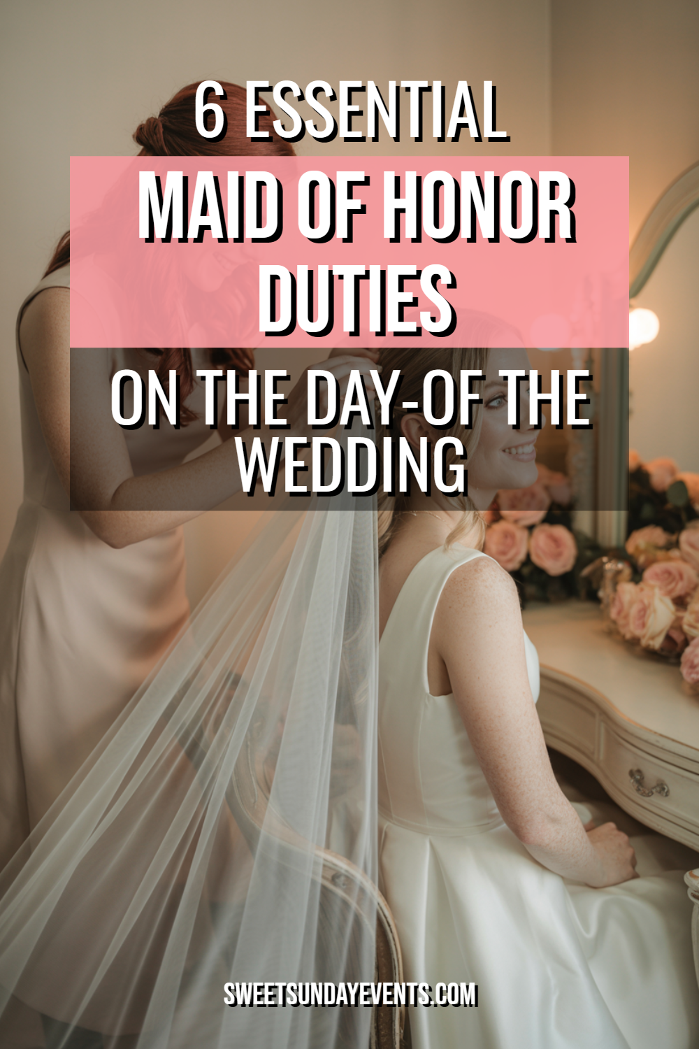Maid of honor helps bride with veil in a beautifully decorated wedding suite.