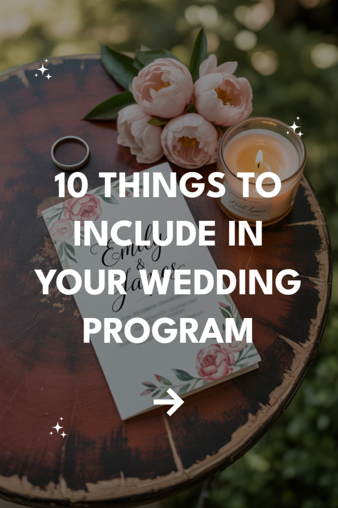 Elegant wedding program for Emily and James with floral accents and a glowing candle.