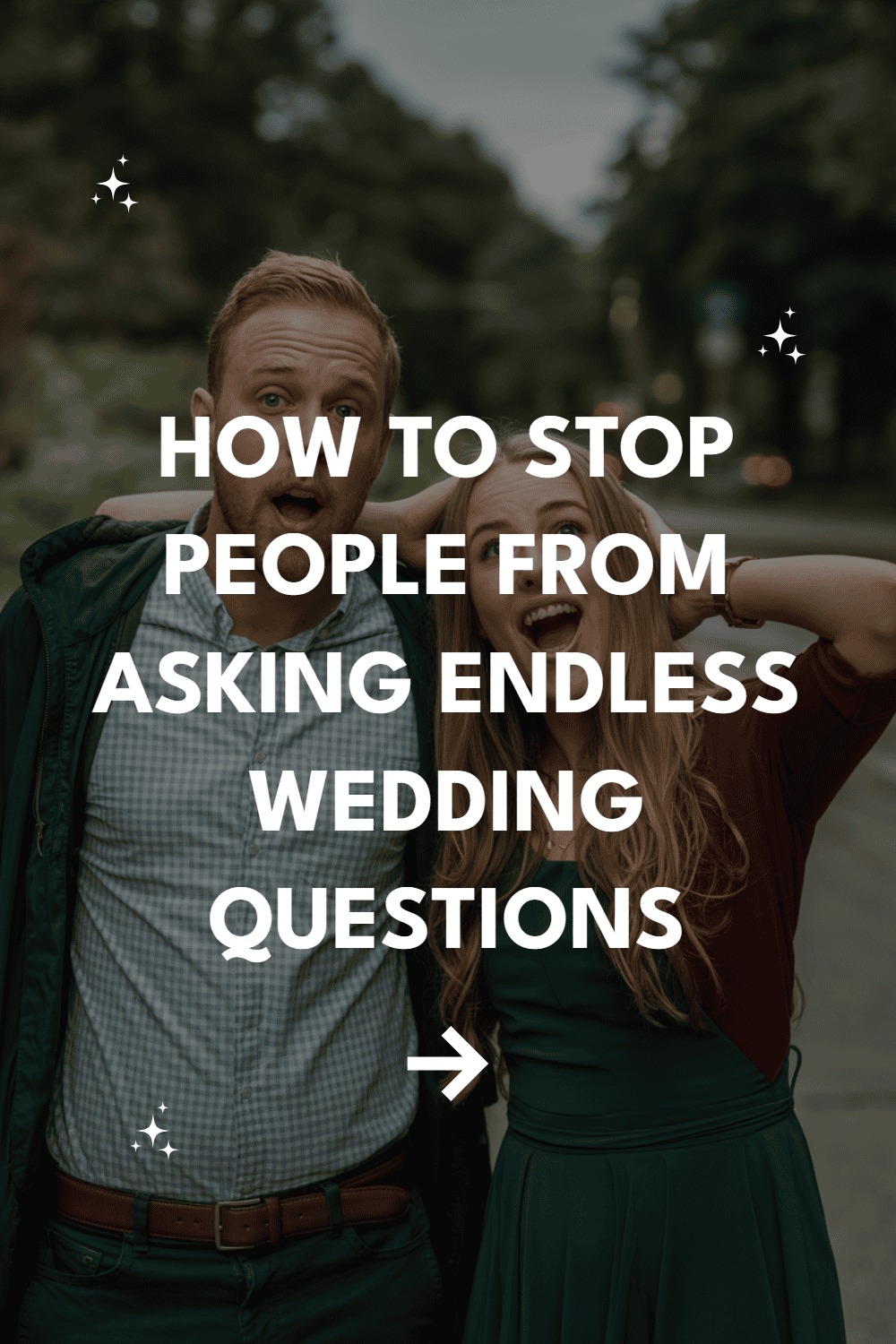 Playful couple laughs together, exploring tips to handle endless wedding questions with humor.