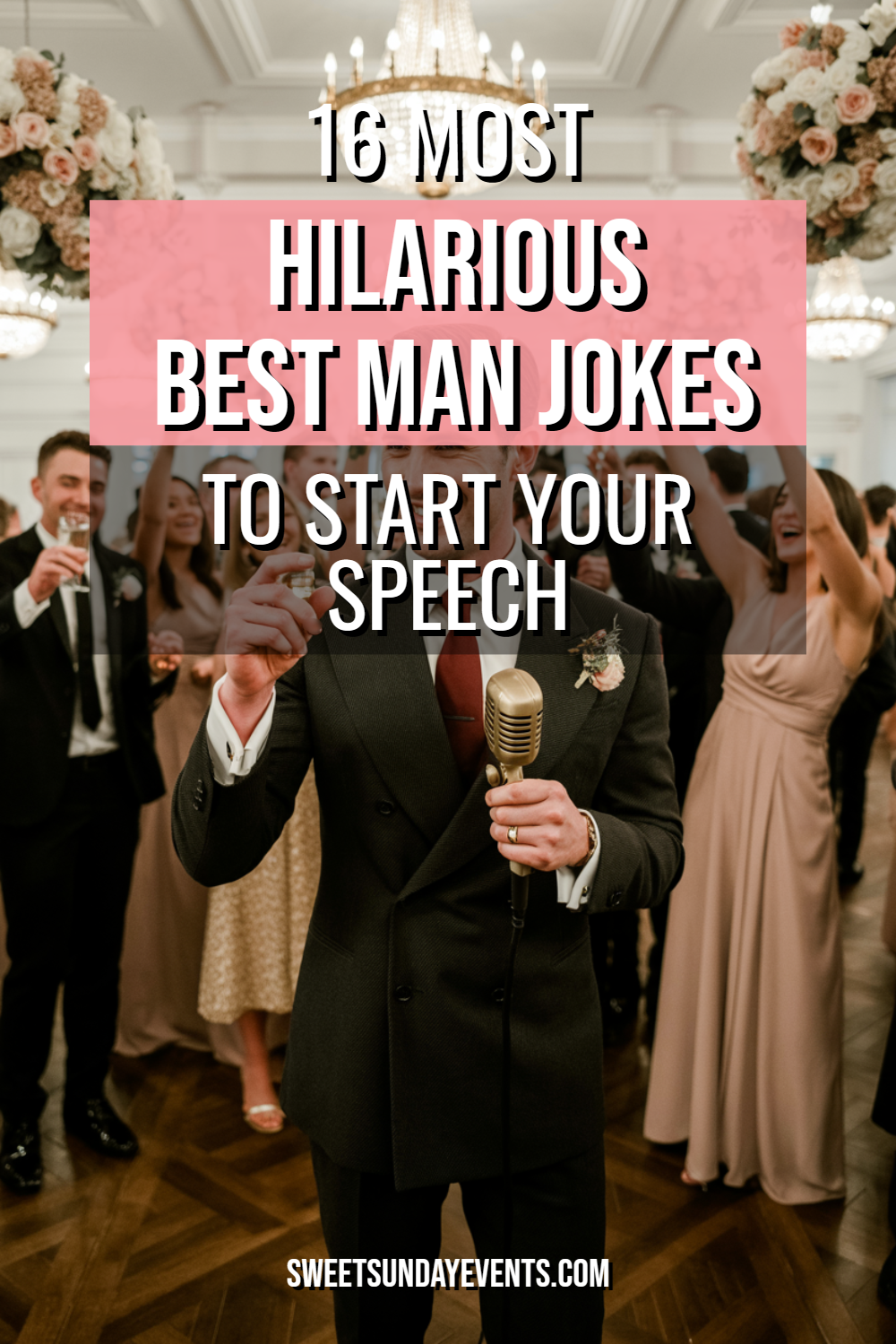 Best man delivers a humorous wedding speech at a lively reception with joyful guests.