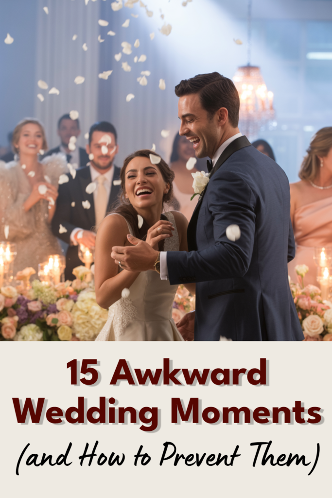 Joyful couple dancing at a wedding reception, celebrating love with flower petals and laughter.