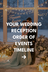 Elegant wedding scene with couple, decor, and timeline for reception events.