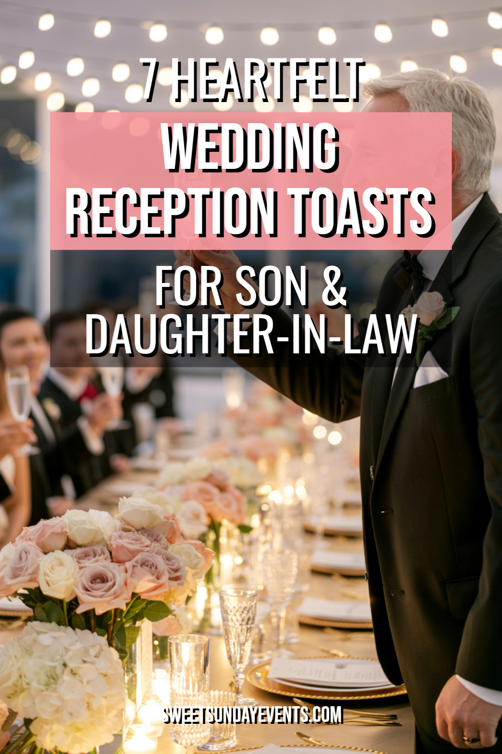 Elegant wedding reception toast with heartfelt speeches, floral decor, and joyful guests celebrating love.
