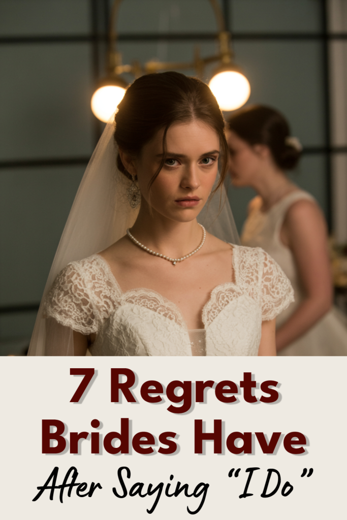 Bride in elegant gown reflects on common marriage regrets during wedding festivities.