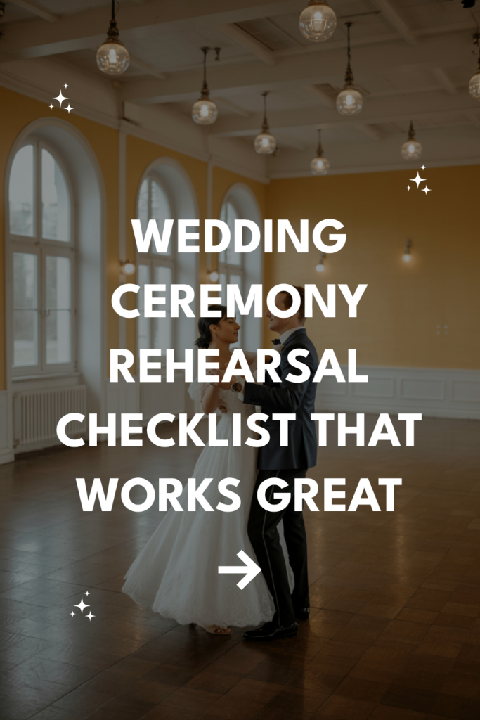 Couple practicing their wedding ceremony in an elegant hall with a helpful rehearsal checklist.