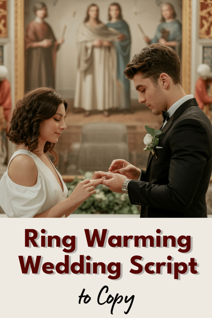 Couple exchanging wedding rings during a heartfelt ring warming ceremony in a beautifully decorated setting.
