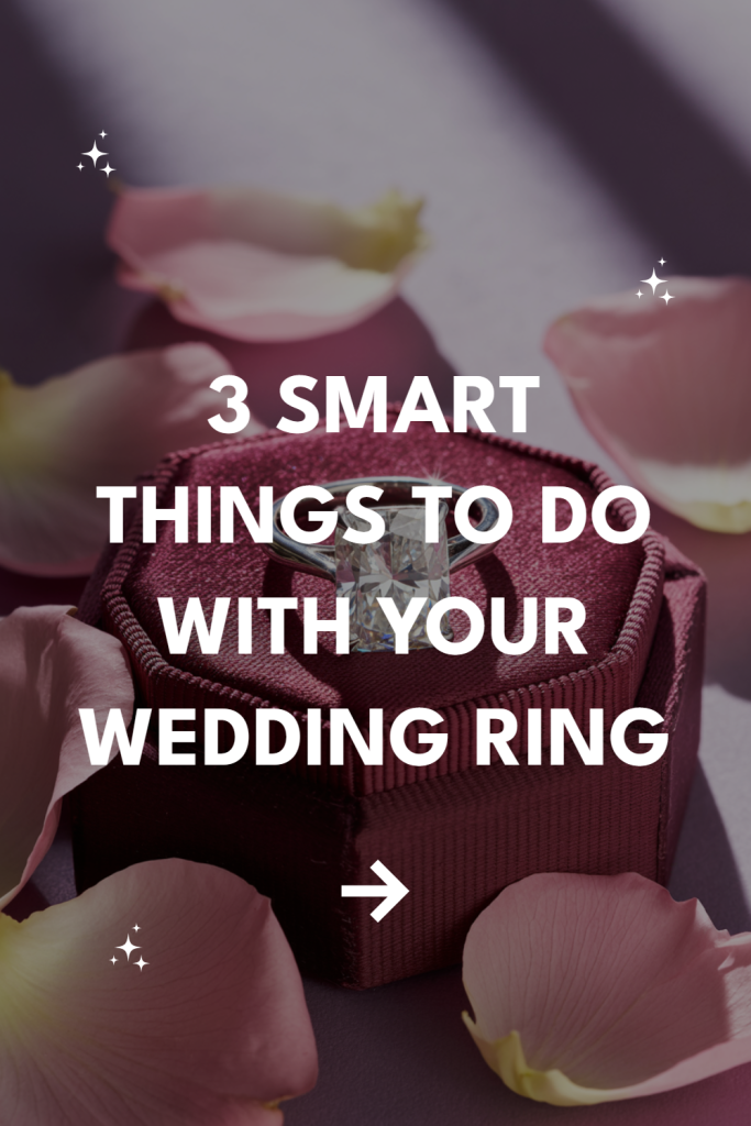 Elegant wedding ring in a velvet box with petals and tips for caring for your ring.