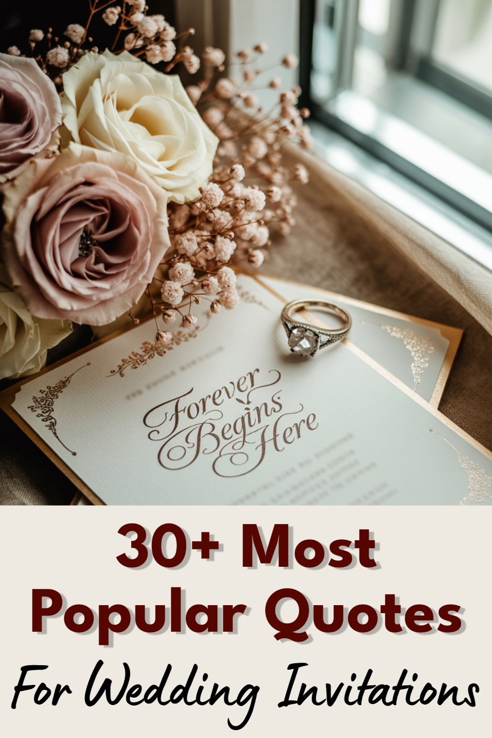 Elegant wedding bouquet, invitation, and engagement ring capture romance and celebration.