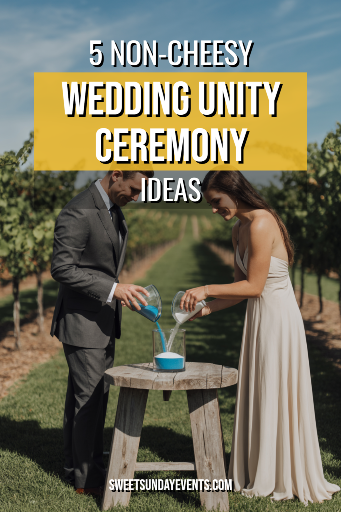 Couple pouring colored sand in vineyard unity ceremony, symbolizing their love and commitment.