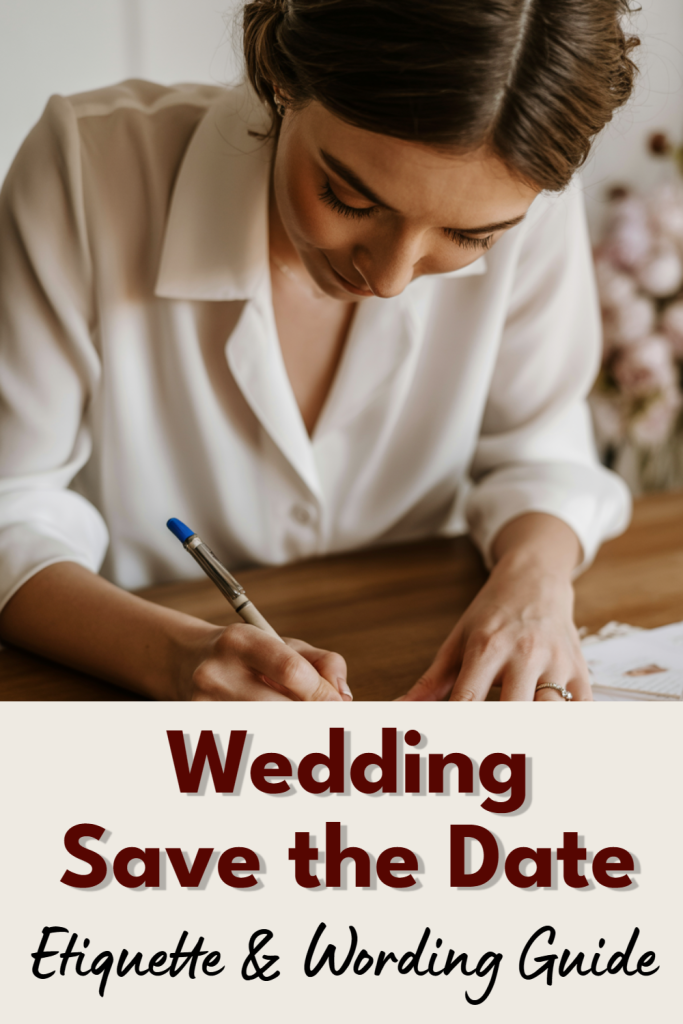 Woman writing a Save the Date card for a wedding guide in elegant setting.