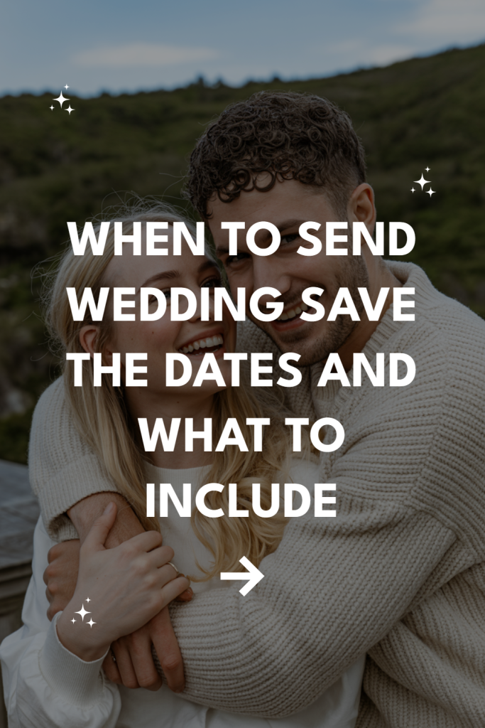 Joyful couple embracing outdoors with save-the-date wedding planning tips in bold text.