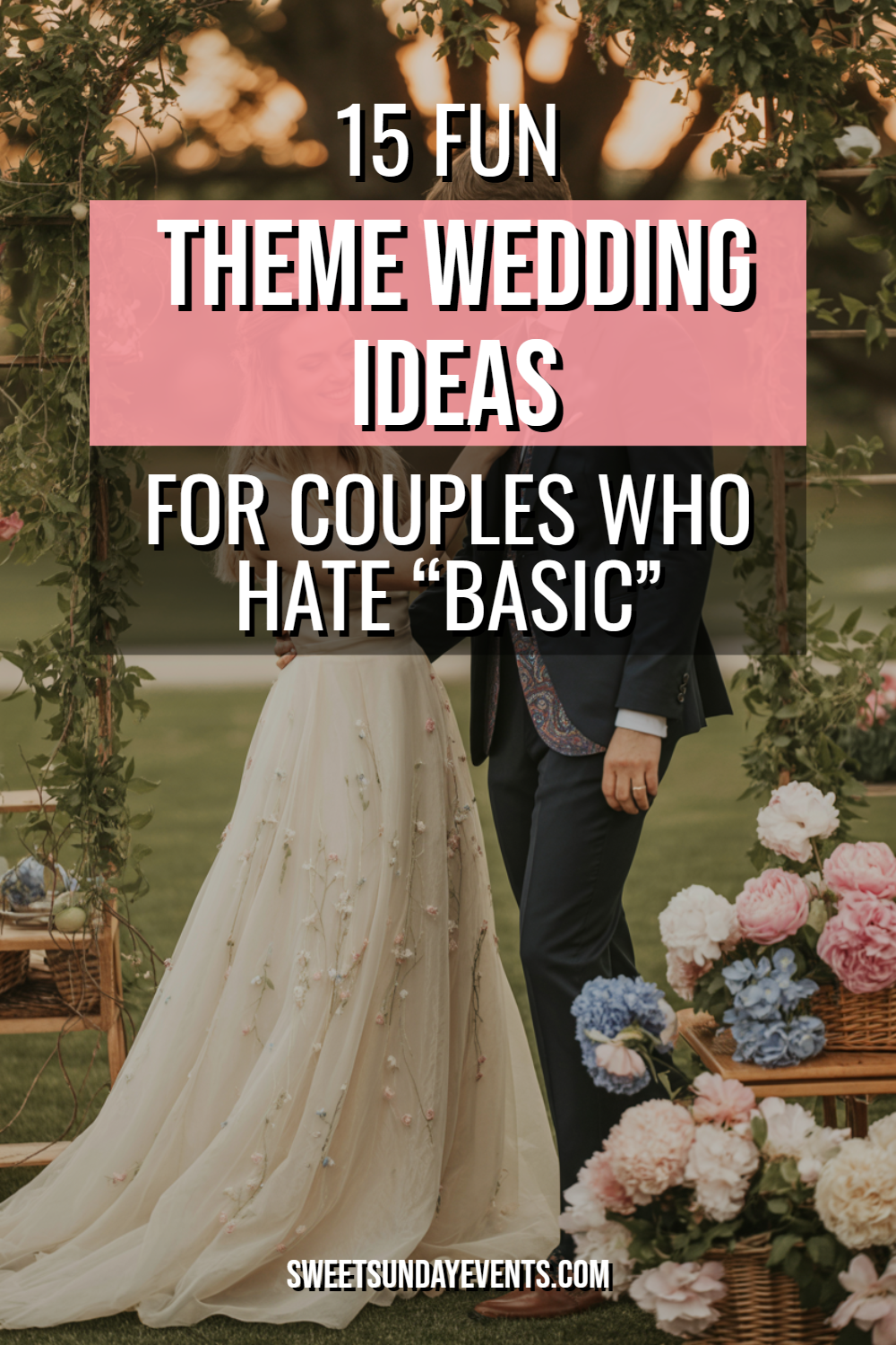 Romantic outdoor wedding with lush greenery, unique floral decor, and a stunning bride and groom.