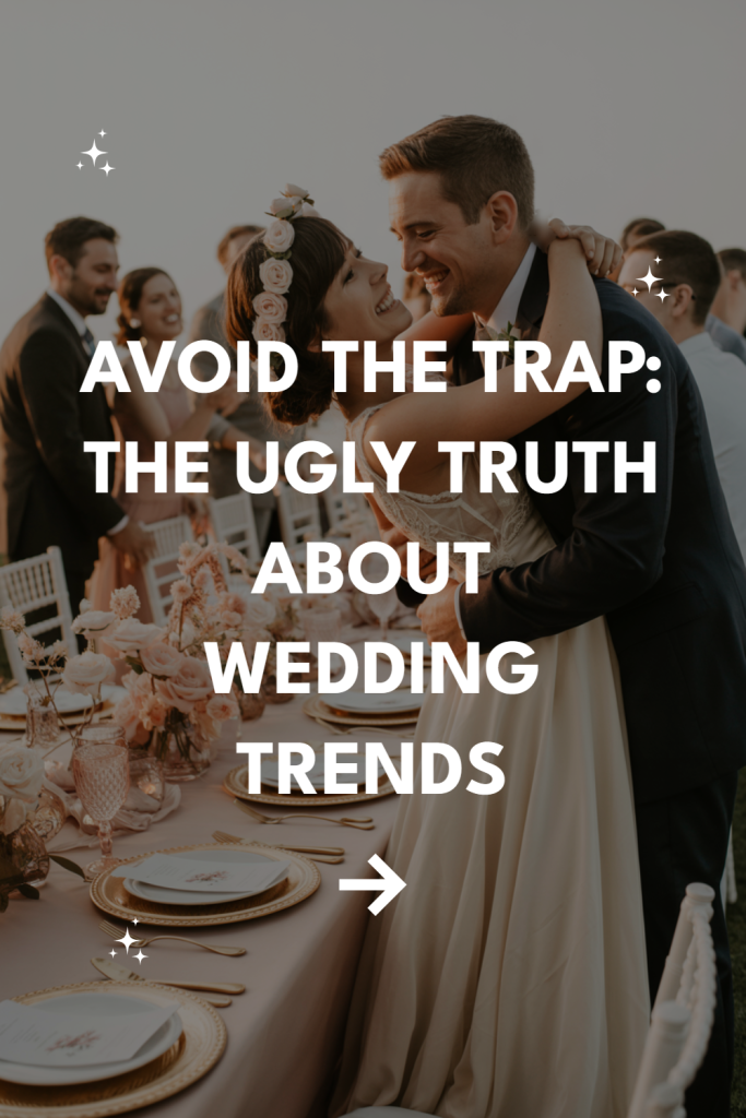 Couple at wedding celebrating love with elegant decor and joyful guests in the background.